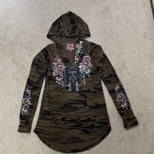 Johnny Was Camouflage Hoodie with Floral Embroidery